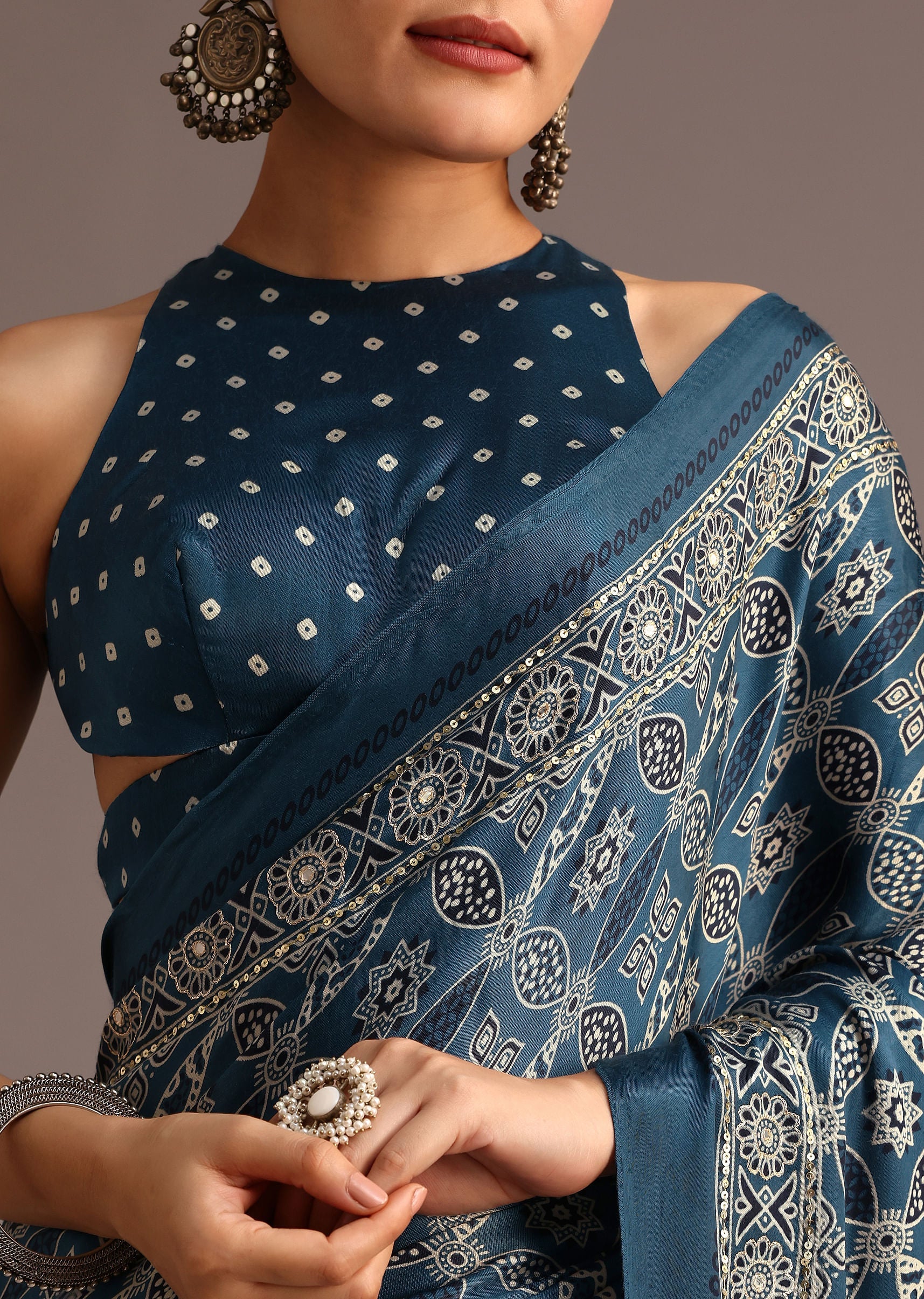 Teal Satin Ajrakh Print Saree With Mirror Embellished Border And Pallu