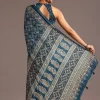 Teal Satin Ajrakh Print Saree With Mirror Embellished Border And Pallu