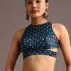 Teal Satin Ajrakh Print Saree With Mirror Embellished Border And Pallu