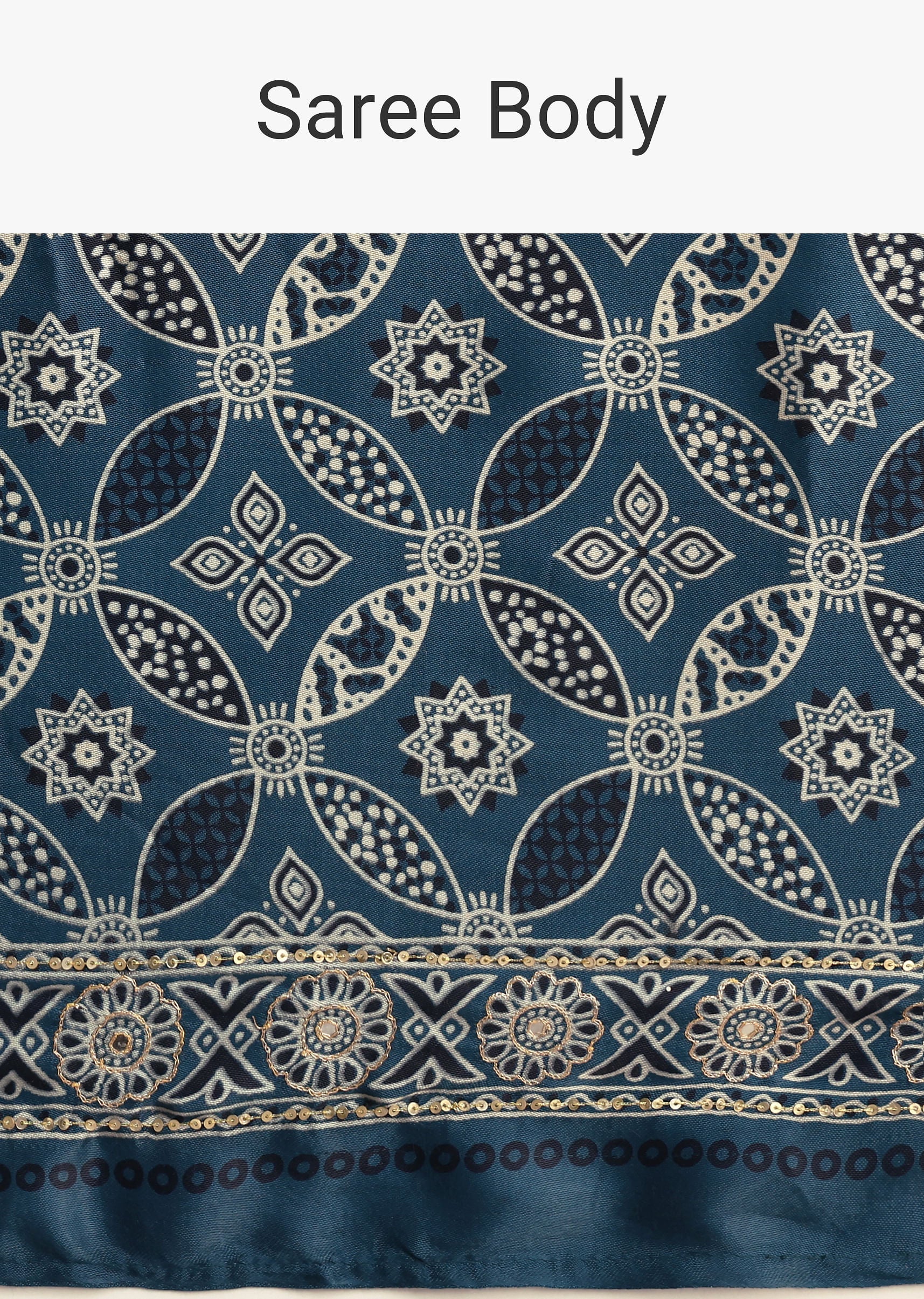 Teal Satin Ajrakh Print Saree With Mirror Embellished Border And Pallu