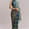 Teal Blue Satin Saree With Ajrakh Print And Scallop Gota Zari Border