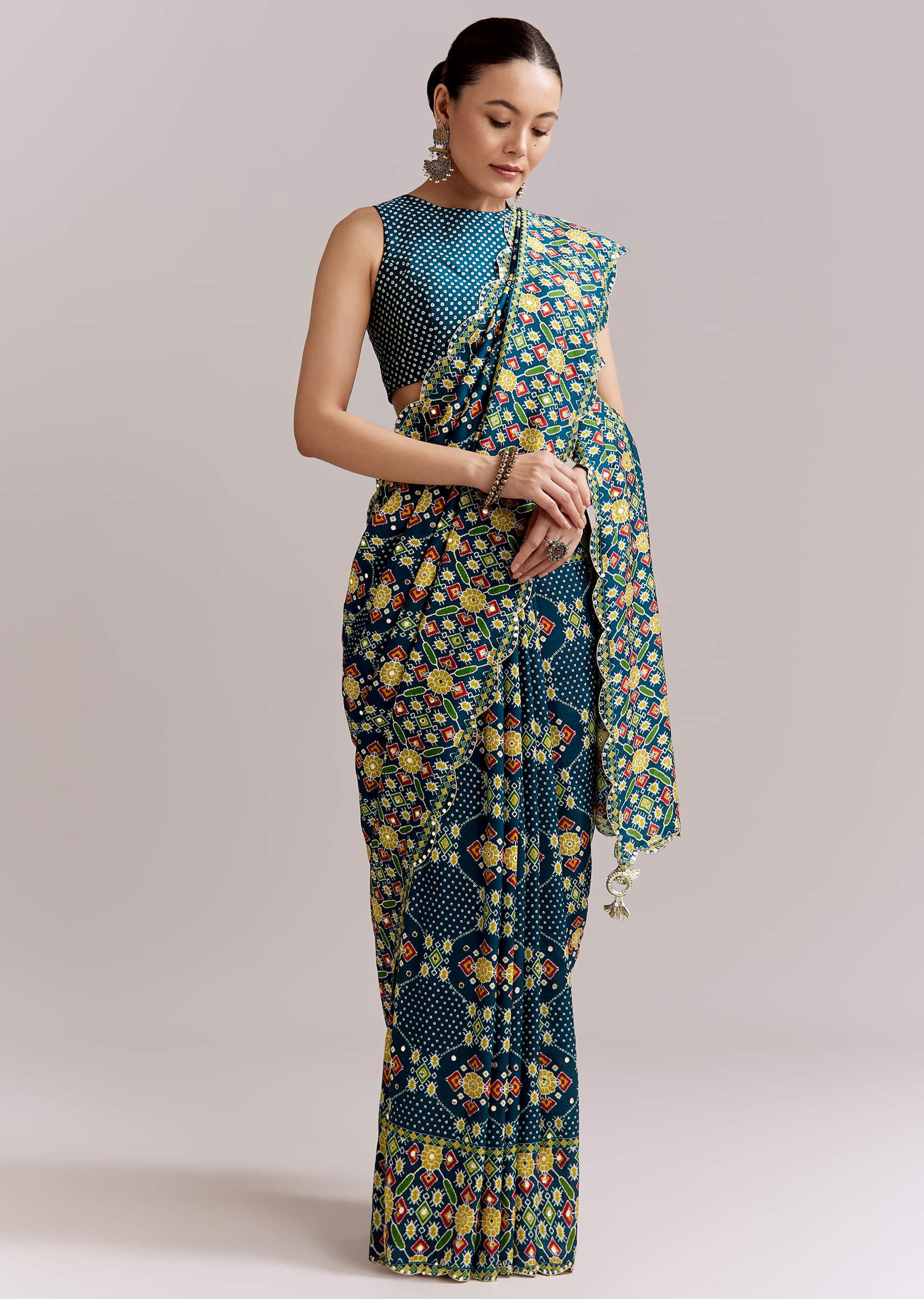 16789-teal-blue-satin-saree-with-ajrakh-print-and-scallop-gota-zari-border-1.jpg Teal Blue Satin Saree With Ajrakh Print And Scallop Gota Zari Border