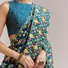 Teal Blue Satin Saree With Ajrakh Print And Scallop Gota Zari Border
