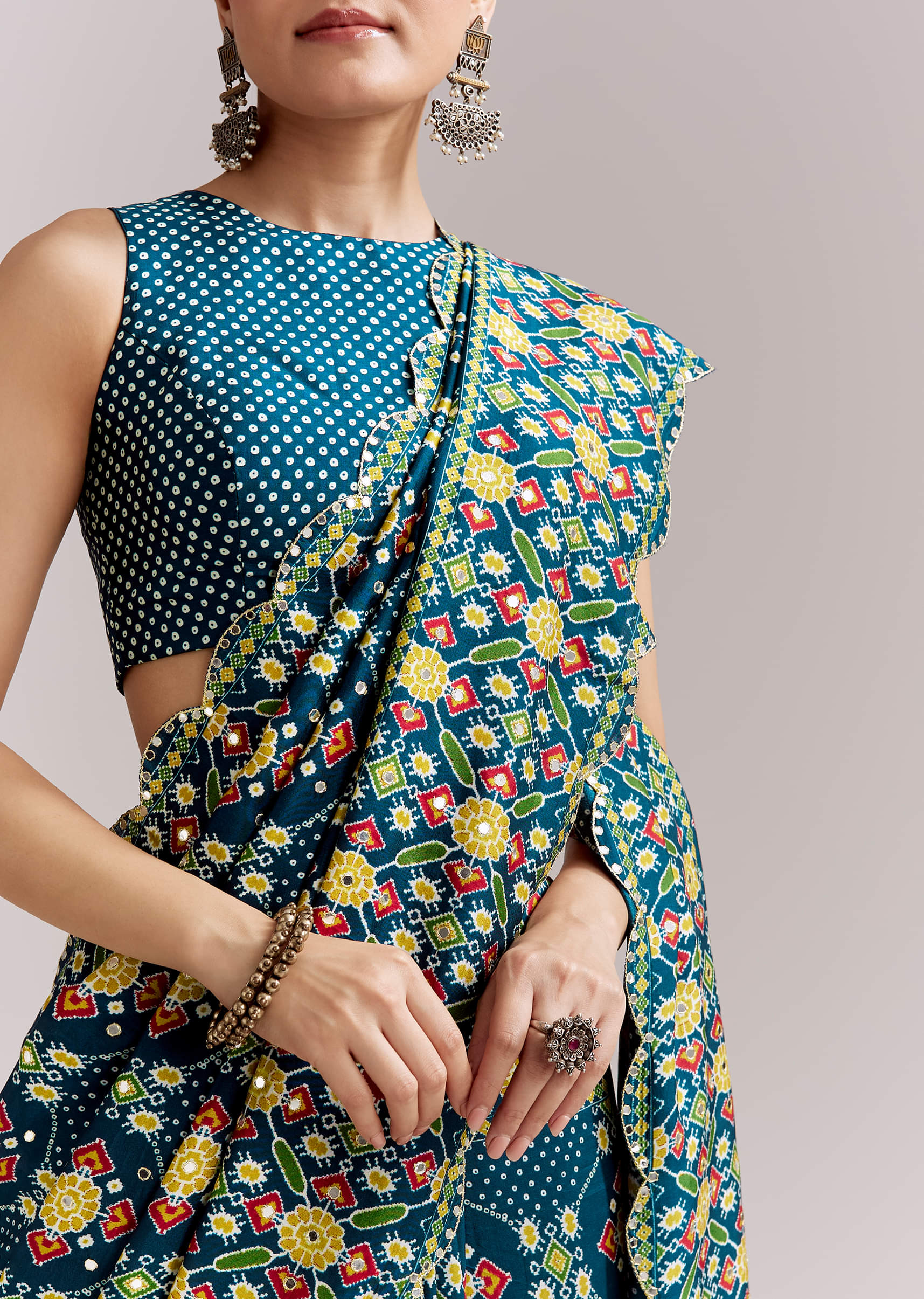 Teal Blue Satin Saree With Ajrakh Print And Scallop Gota Zari Border