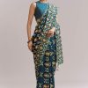 Teal Blue Satin Saree With Ajrakh Print And Scallop Gota Zari Border