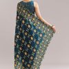 Teal Blue Satin Saree With Ajrakh Print And Scallop Gota Zari Border