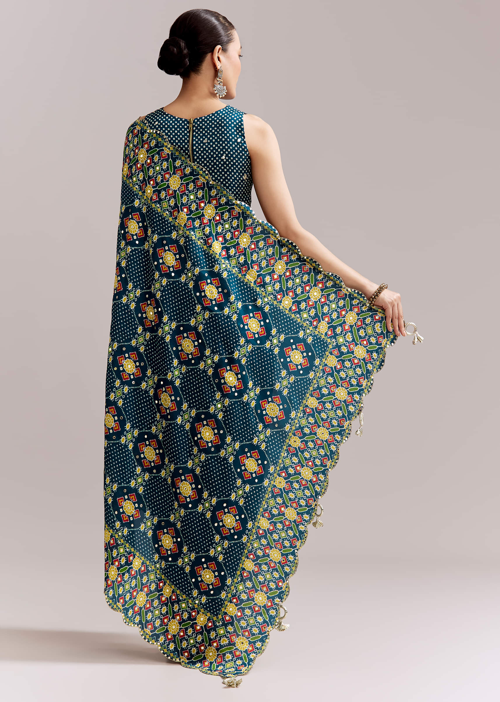 Teal Blue Satin Saree With Ajrakh Print And Scallop Gota Zari Border