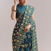 Teal Blue Satin Saree With Ajrakh Print And Scallop Gota Zari Border