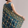 Teal Blue Satin Saree With Ajrakh Print And Scallop Gota Zari Border