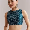 Teal Blue Satin Saree With Ajrakh Print And Scallop Gota Zari Border