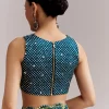 Teal Blue Satin Saree With Ajrakh Print And Scallop Gota Zari Border
