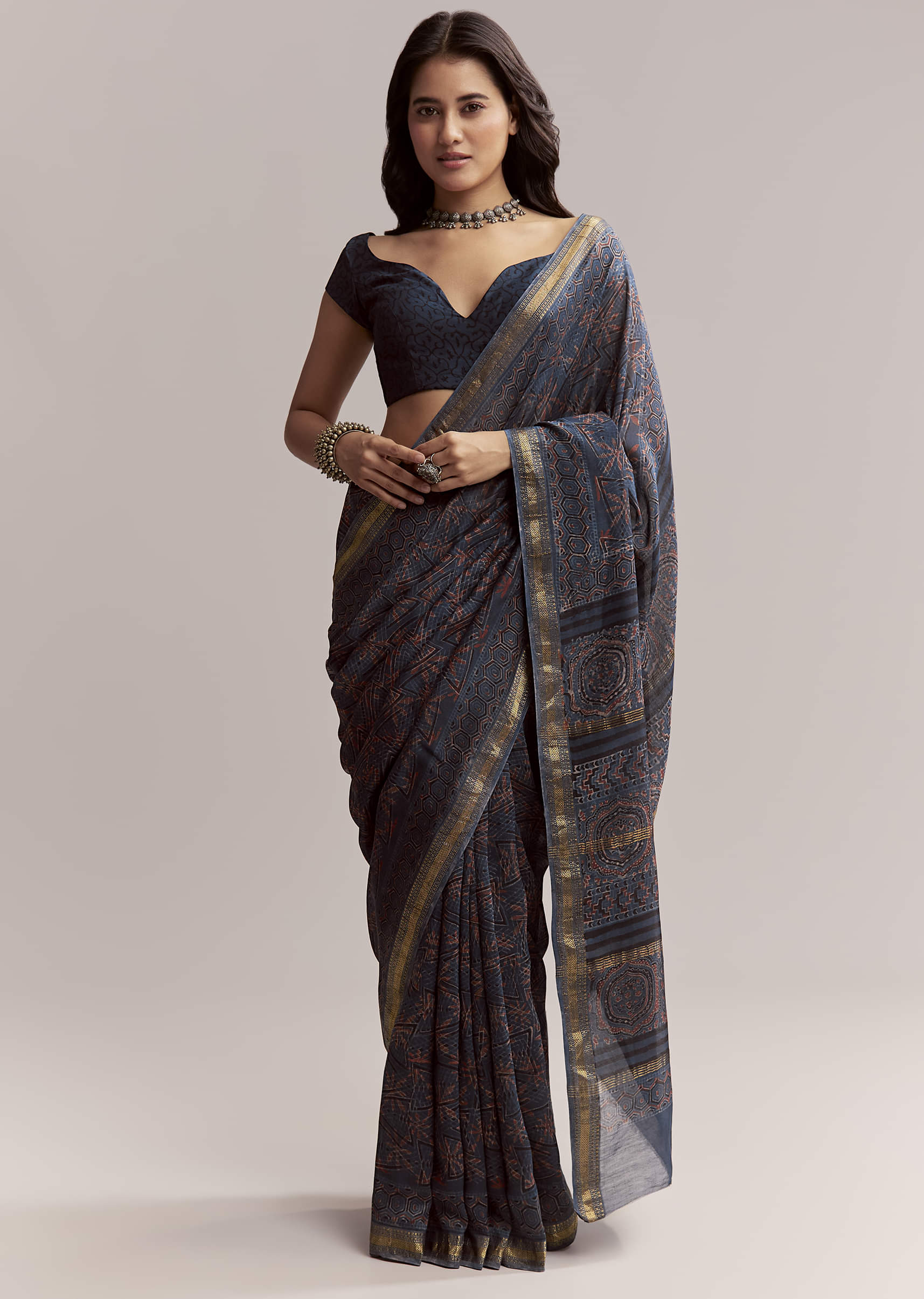 16805-ink-blue-linen-printed-saree-with-hand-block-ajrakh-leaf-print-1.jpg Ink Blue Linen Printed Saree With Hand Block Ajrakh Leaf Print