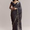 Ink Blue Linen Printed Saree With Hand Block Ajrakh Leaf Print