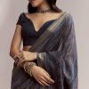 Ink Blue Linen Printed Saree With Hand Block Ajrakh Leaf Print