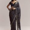 Ink Blue Linen Printed Saree With Hand Block Ajrakh Leaf Print