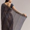 Ink Blue Linen Printed Saree With Hand Block Ajrakh Leaf Print