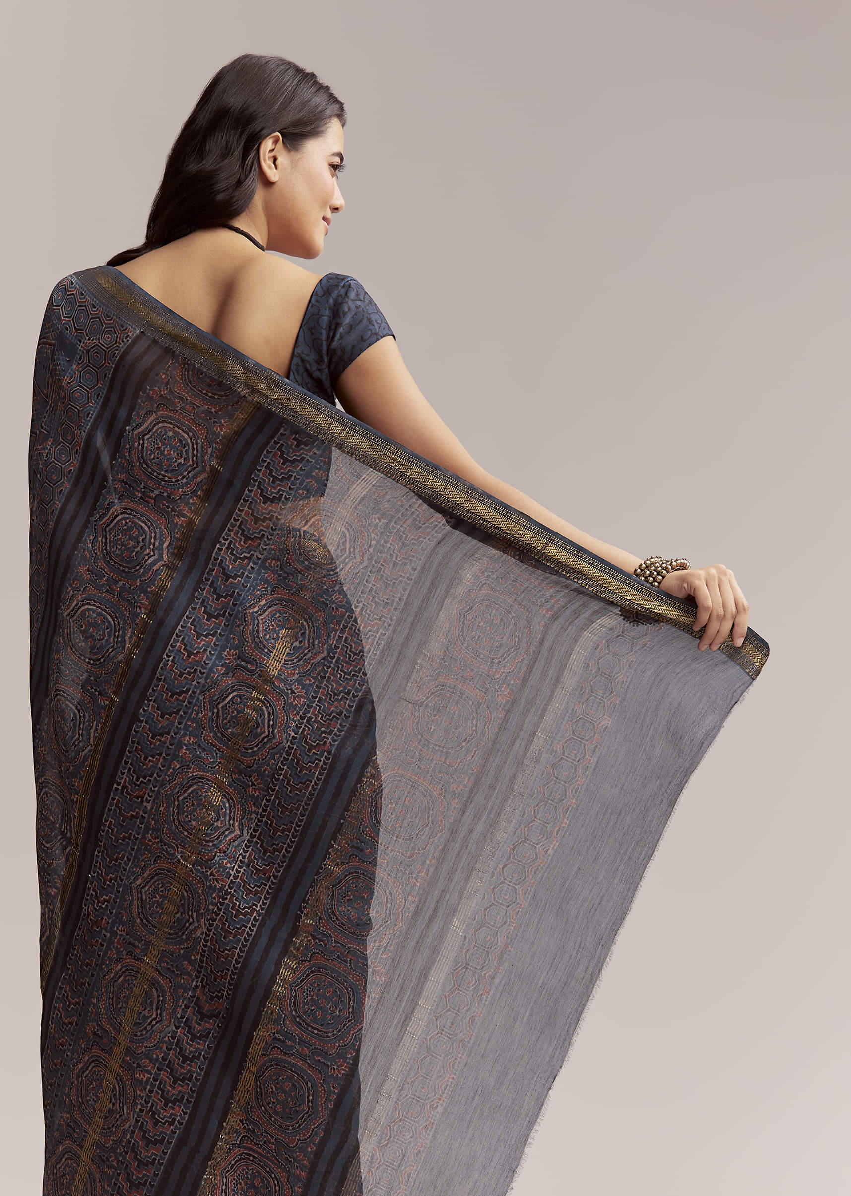 Ink Blue Linen Printed Saree With Hand Block Ajrakh Leaf Print