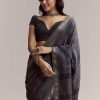 Ink Blue Linen Printed Saree With Hand Block Ajrakh Leaf Print