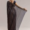 Ink Blue Linen Printed Saree With Hand Block Ajrakh Leaf Print