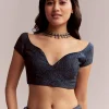 Ink Blue Linen Printed Saree With Hand Block Ajrakh Leaf Print