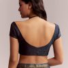 Ink Blue Linen Printed Saree With Hand Block Ajrakh Leaf Print