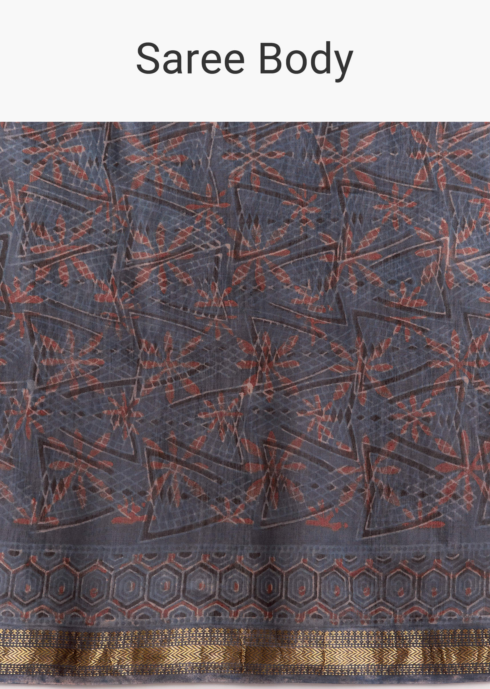 Ink Blue Linen Printed Saree With Hand Block Ajrakh Leaf Print