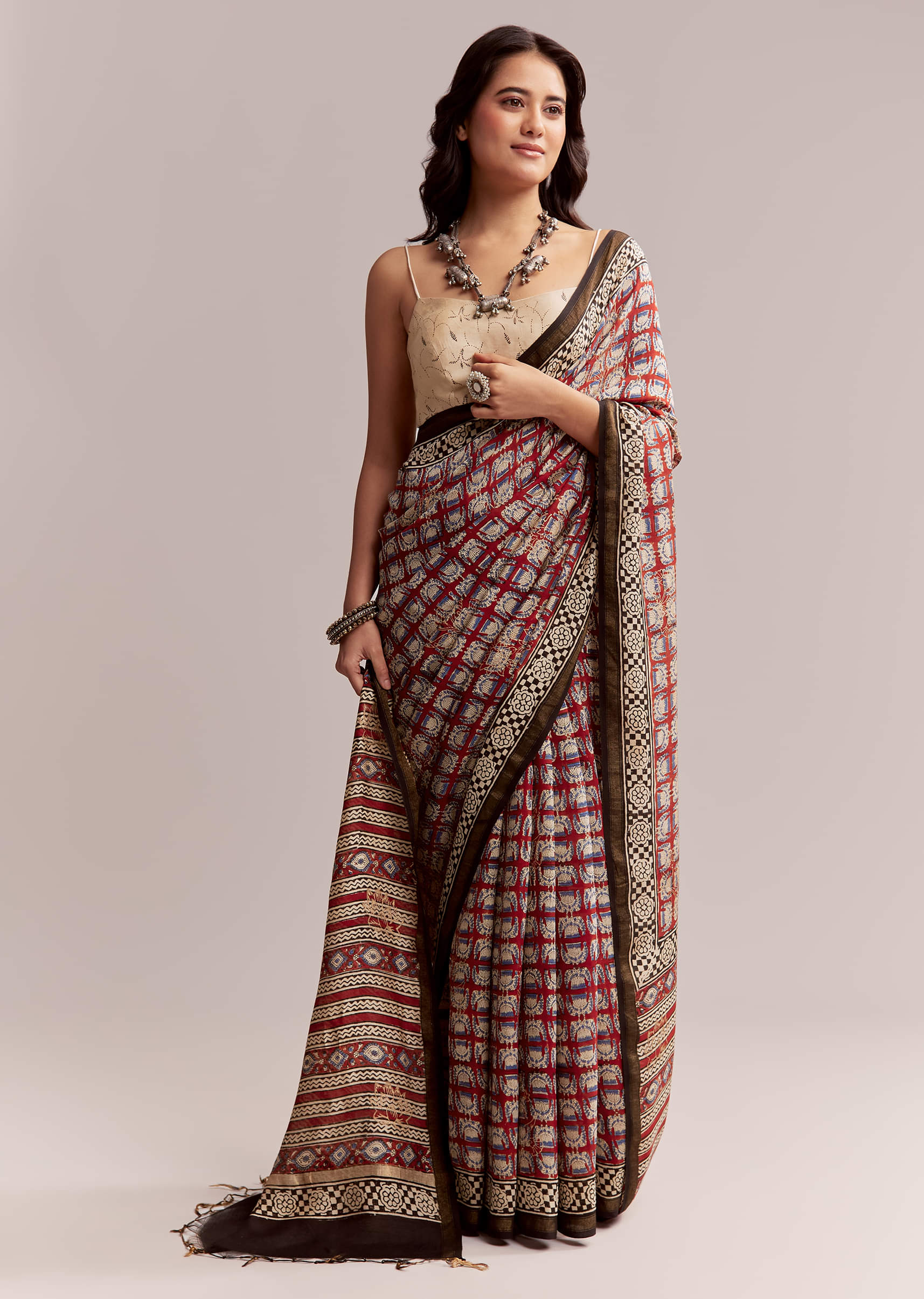 16821-maroon-linen-printed-saree-with-traditional-ajrakh-print-1.jpg Maroon Linen Printed Saree With Traditional Ajrakh Print