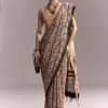 Beige Linen Saree With Ajrakh Floral Print And Black Border