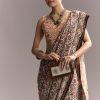 Beige Linen Saree With Ajrakh Floral Print And Black Border