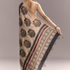 Beige Linen Saree With Ajrakh Floral Print And Black Border