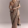 Beige Linen Saree With Ajrakh Floral Print And Black Border