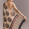 Beige Linen Saree With Ajrakh Floral Print And Black Border