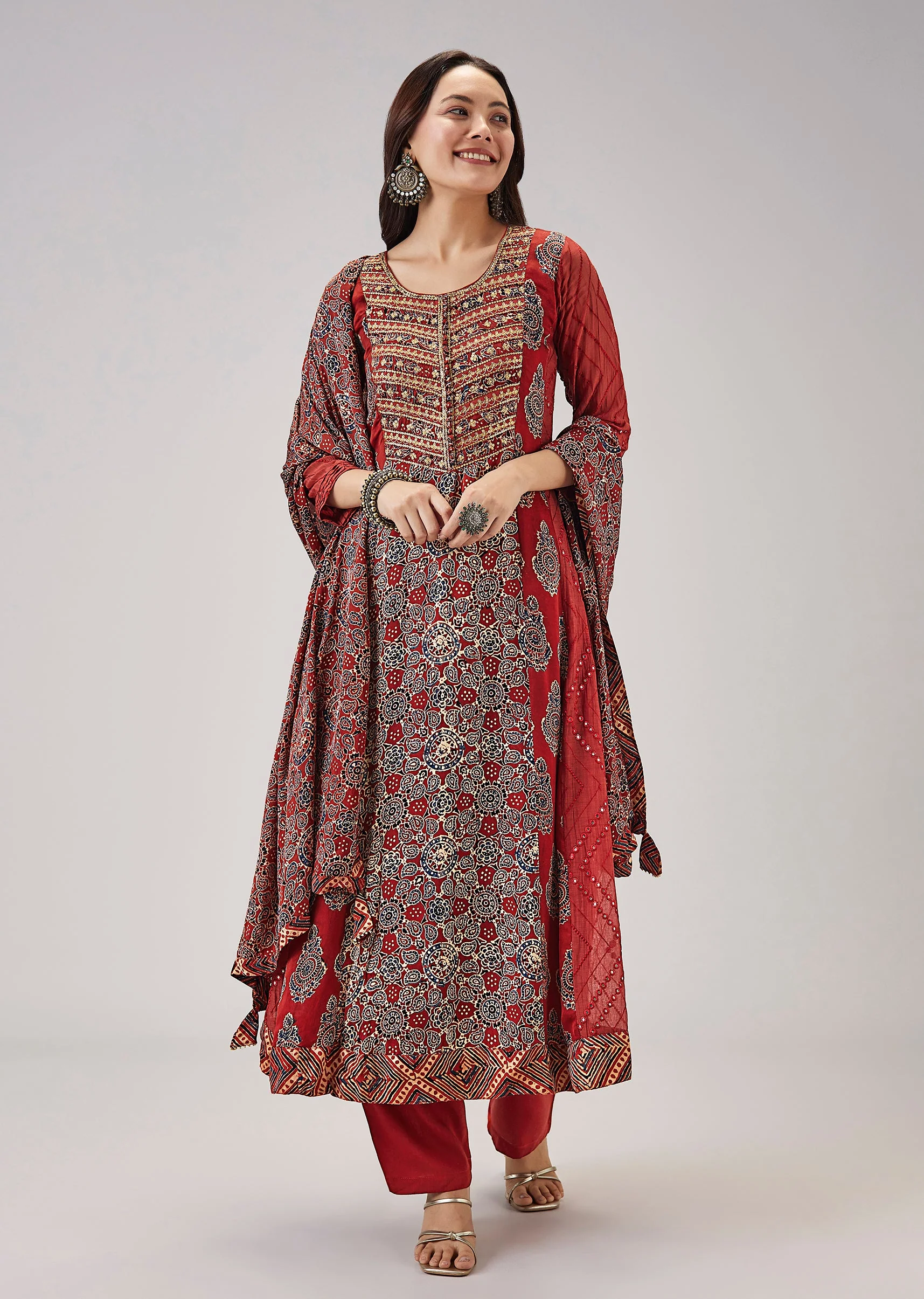 Maroon Hand Block Print Anarkali With Gotta Lace Work