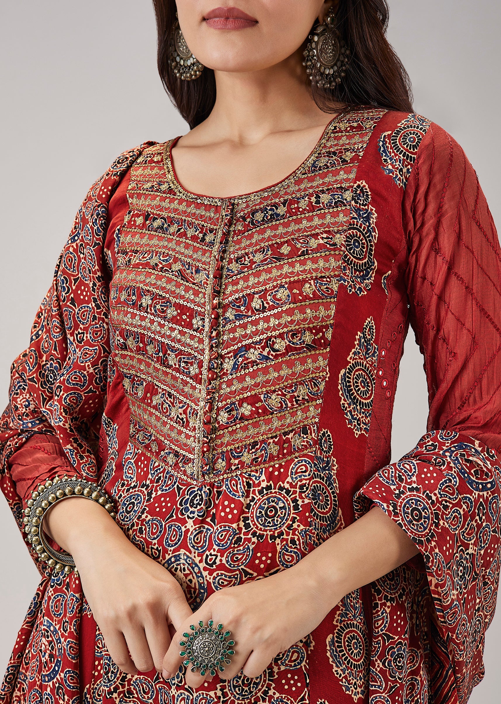 Maroon Hand Block Print Anarkali With Gotta Lace Work