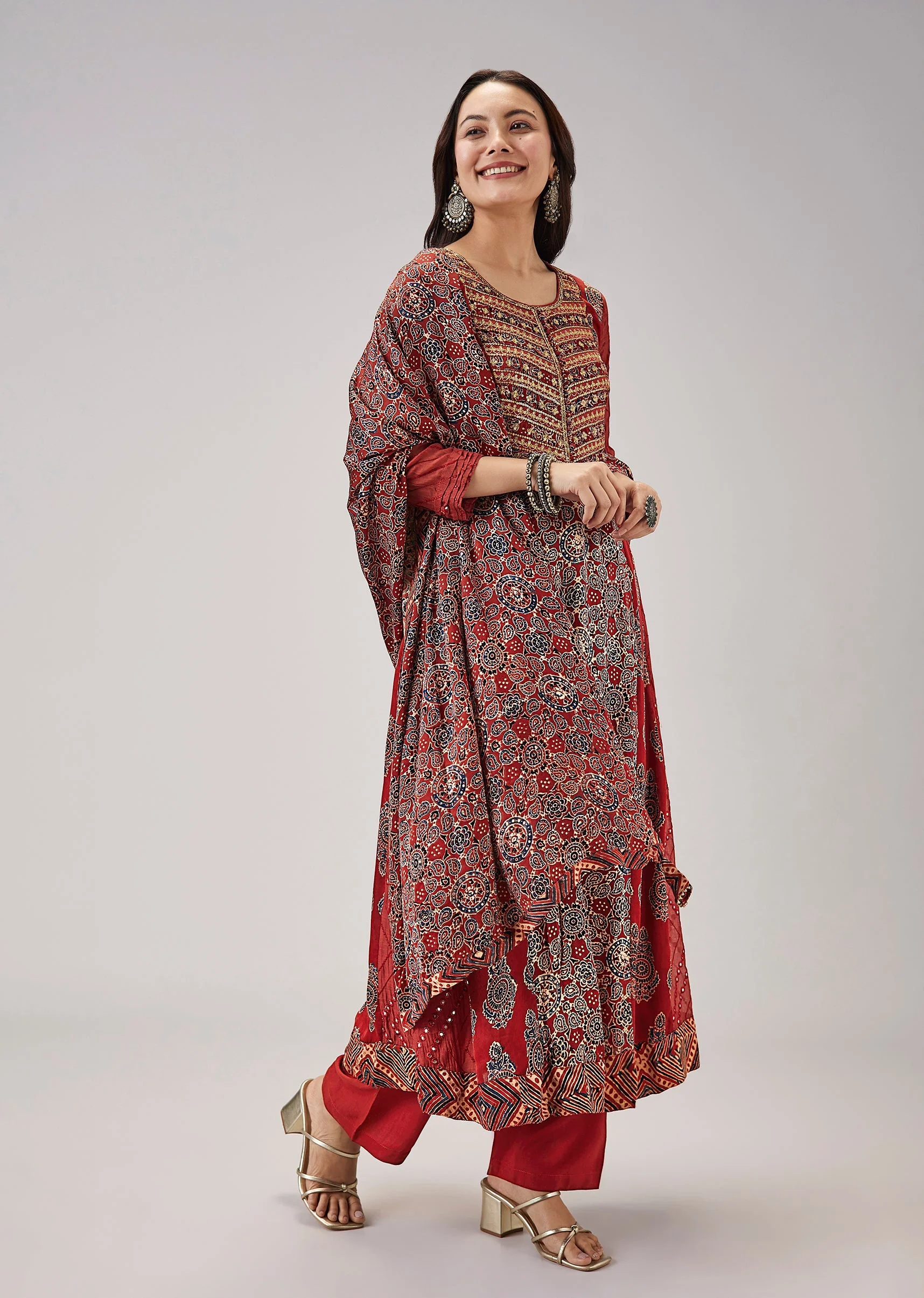 Maroon Hand Block Print Anarkali With Gotta Lace Work