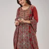 Maroon Hand Block Print Anarkali With Gotta Lace Work