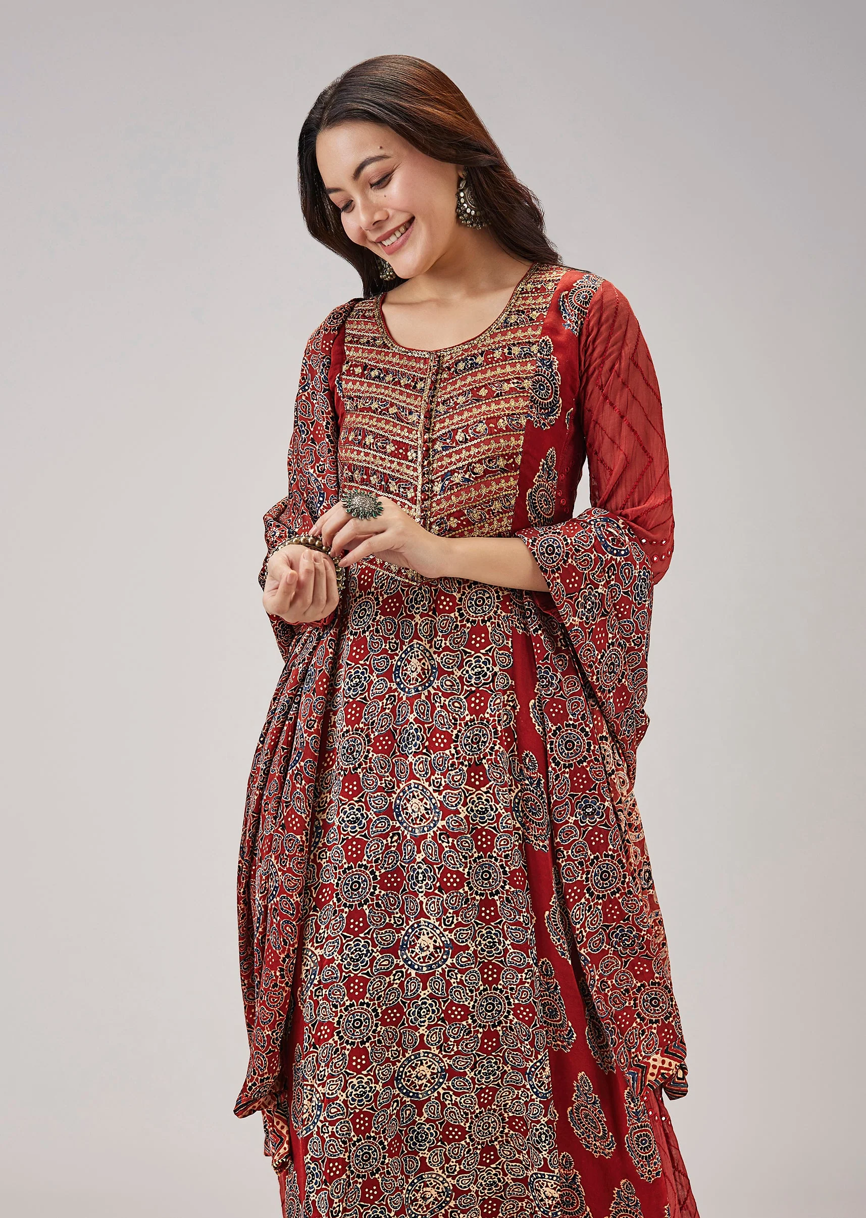 Maroon Hand Block Print Anarkali With Gotta Lace Work