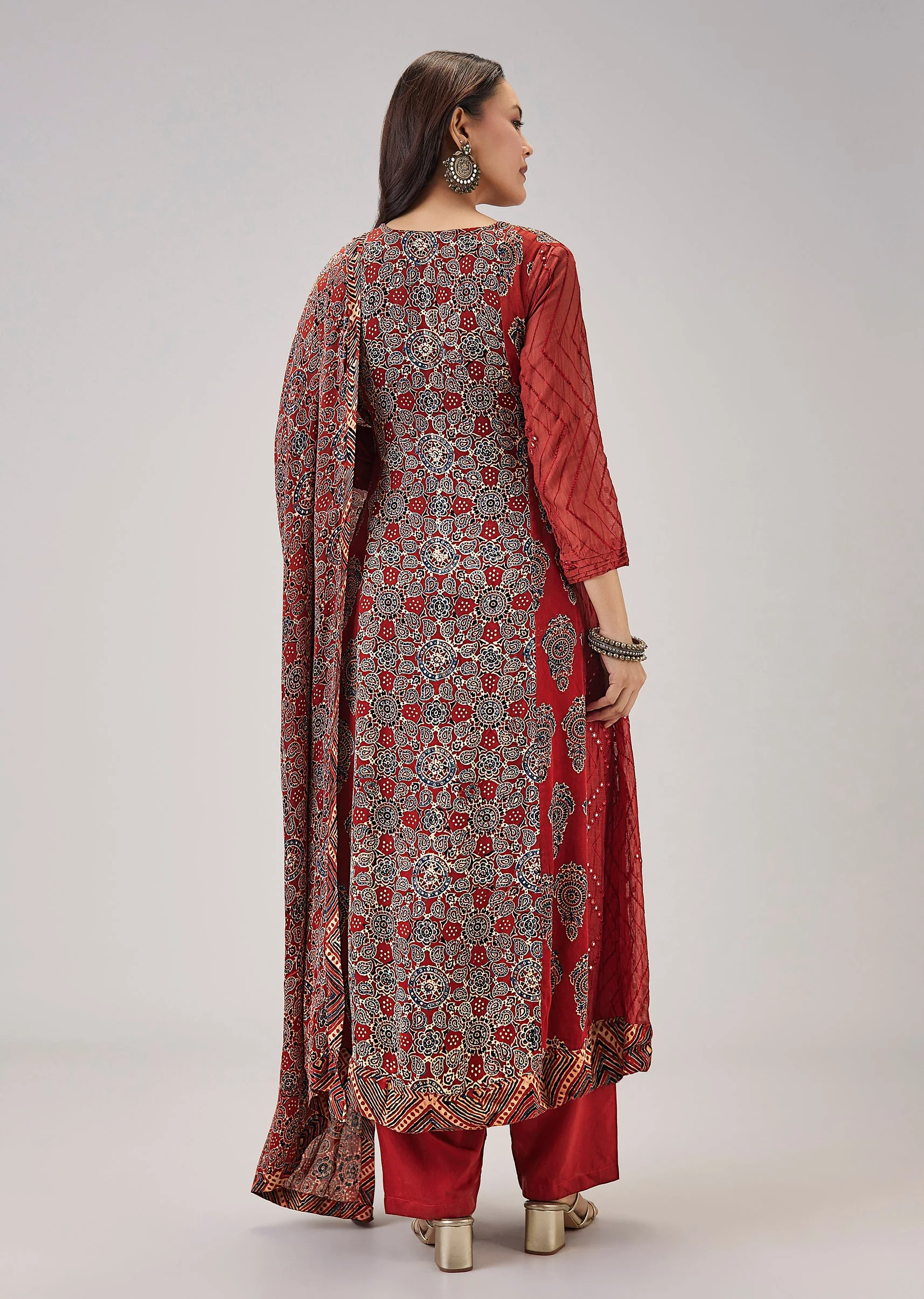 Maroon Hand Block Print Anarkali With Gotta Lace Work