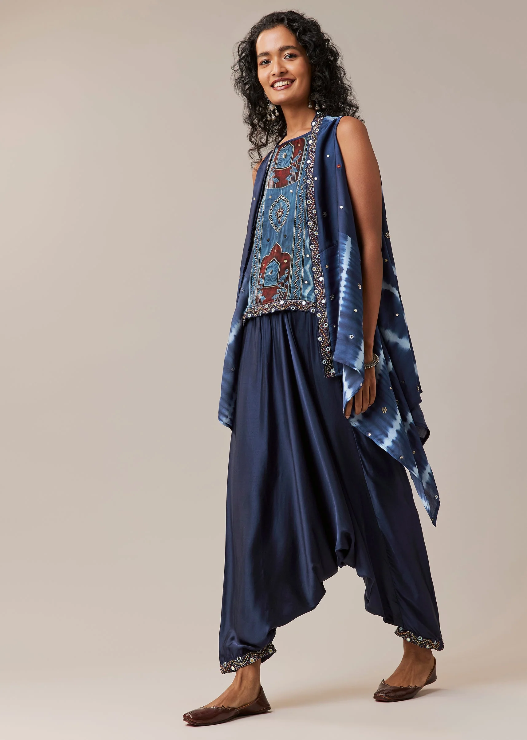 16853-indigo-hand-dyed-leheriya-jacket-and-cowl-pant-set-1.webp Indigo Hand Dyed Leheriya Jacket and Cowl Pant Set