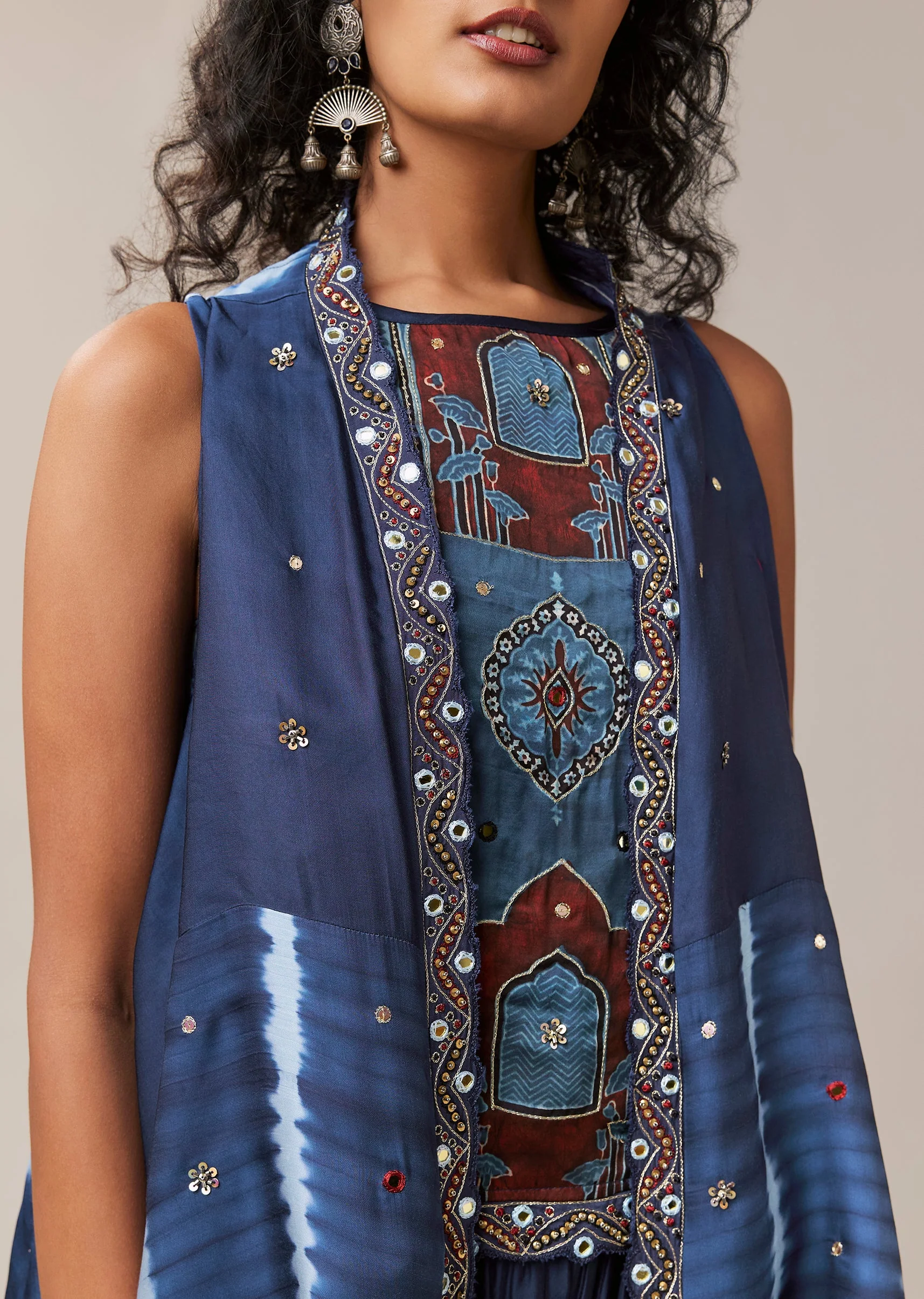 Indigo Hand Dyed Leheriya Jacket and Cowl Pant Set
