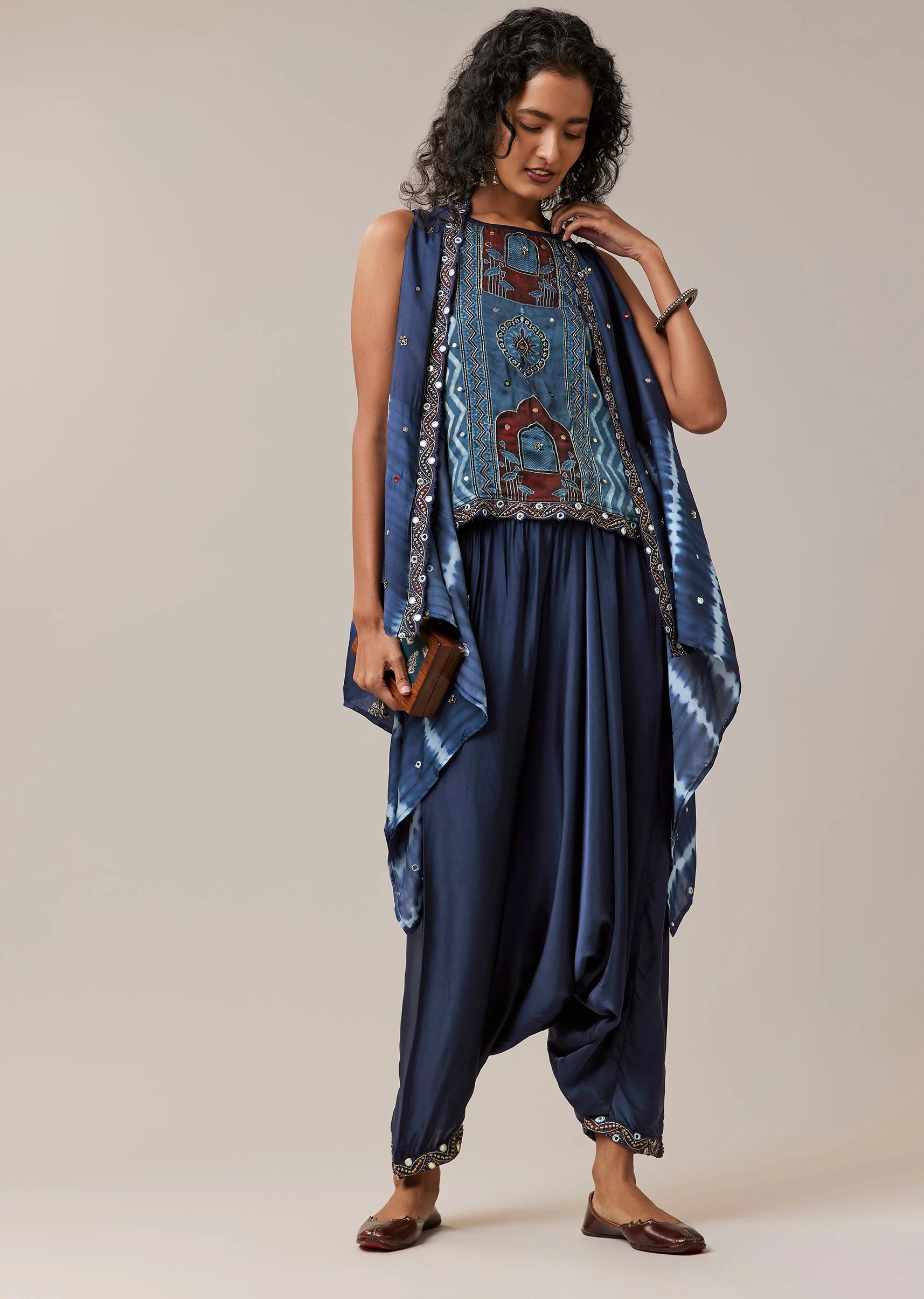 Indigo Hand Dyed Leheriya Jacket and Cowl Pant Set