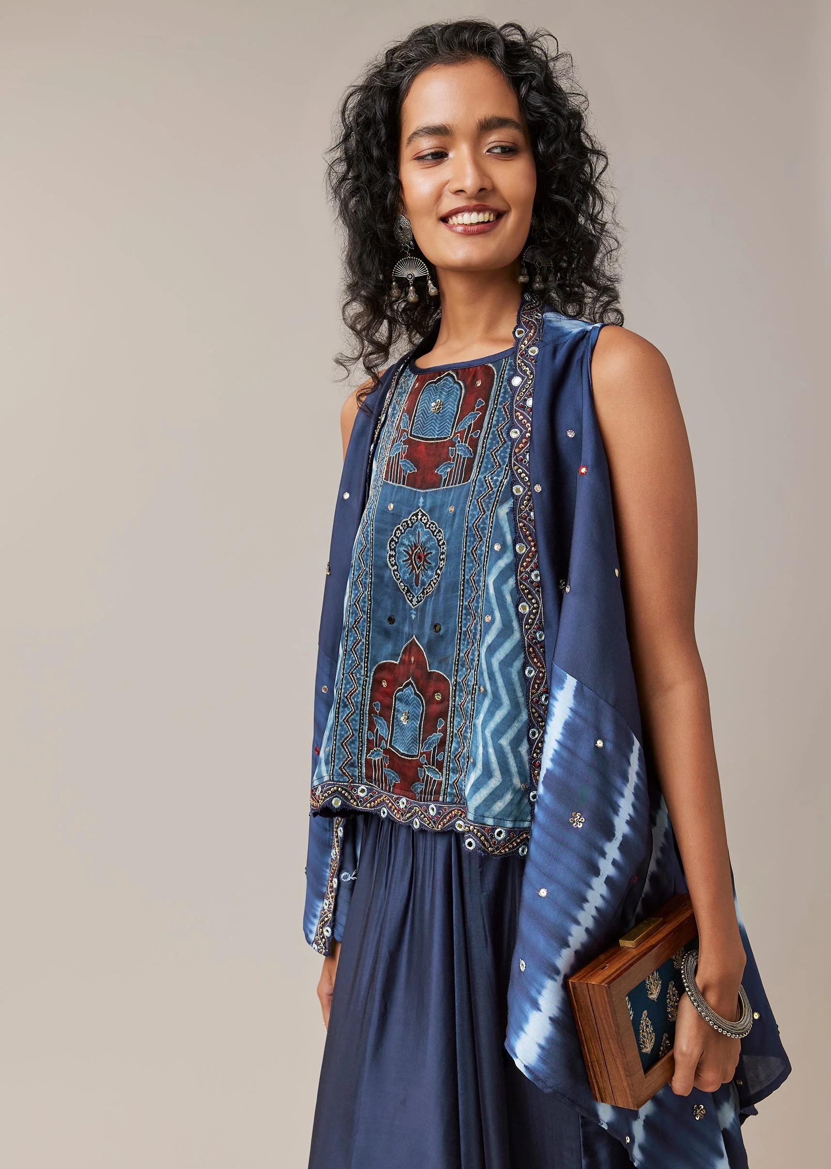 Indigo Hand Dyed Leheriya Jacket and Cowl Pant Set