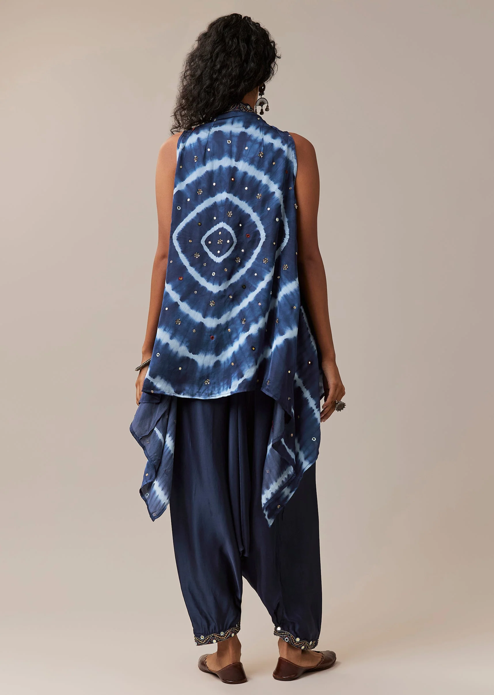 Indigo Hand Dyed Leheriya Jacket and Cowl Pant Set