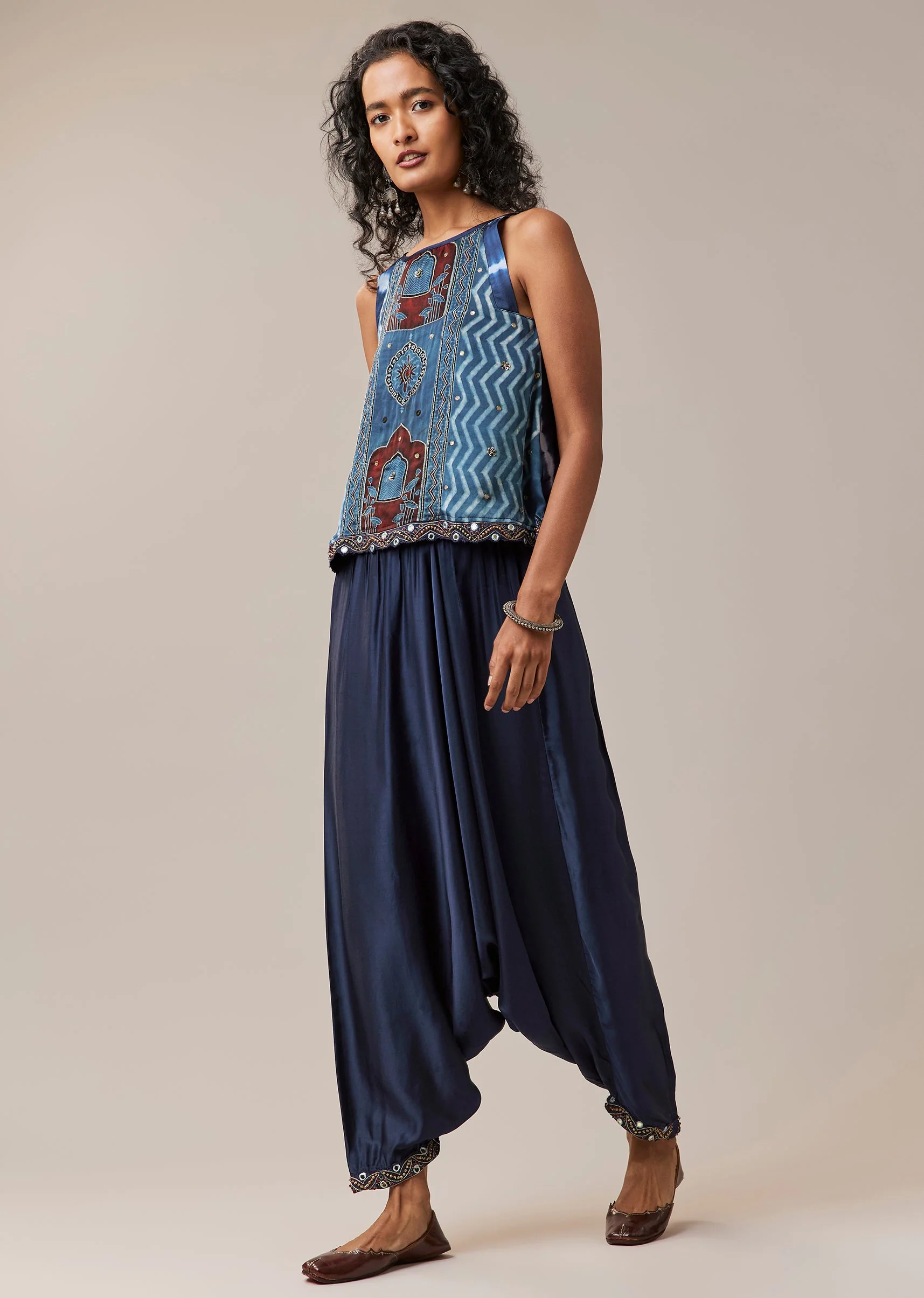 Indigo Hand Dyed Leheriya Jacket and Cowl Pant Set