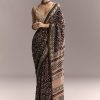 Black Linen Saree With Authentic Ajrakh Print And Maroon Border