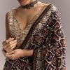 Black Linen Saree With Authentic Ajrakh Print And Maroon Border