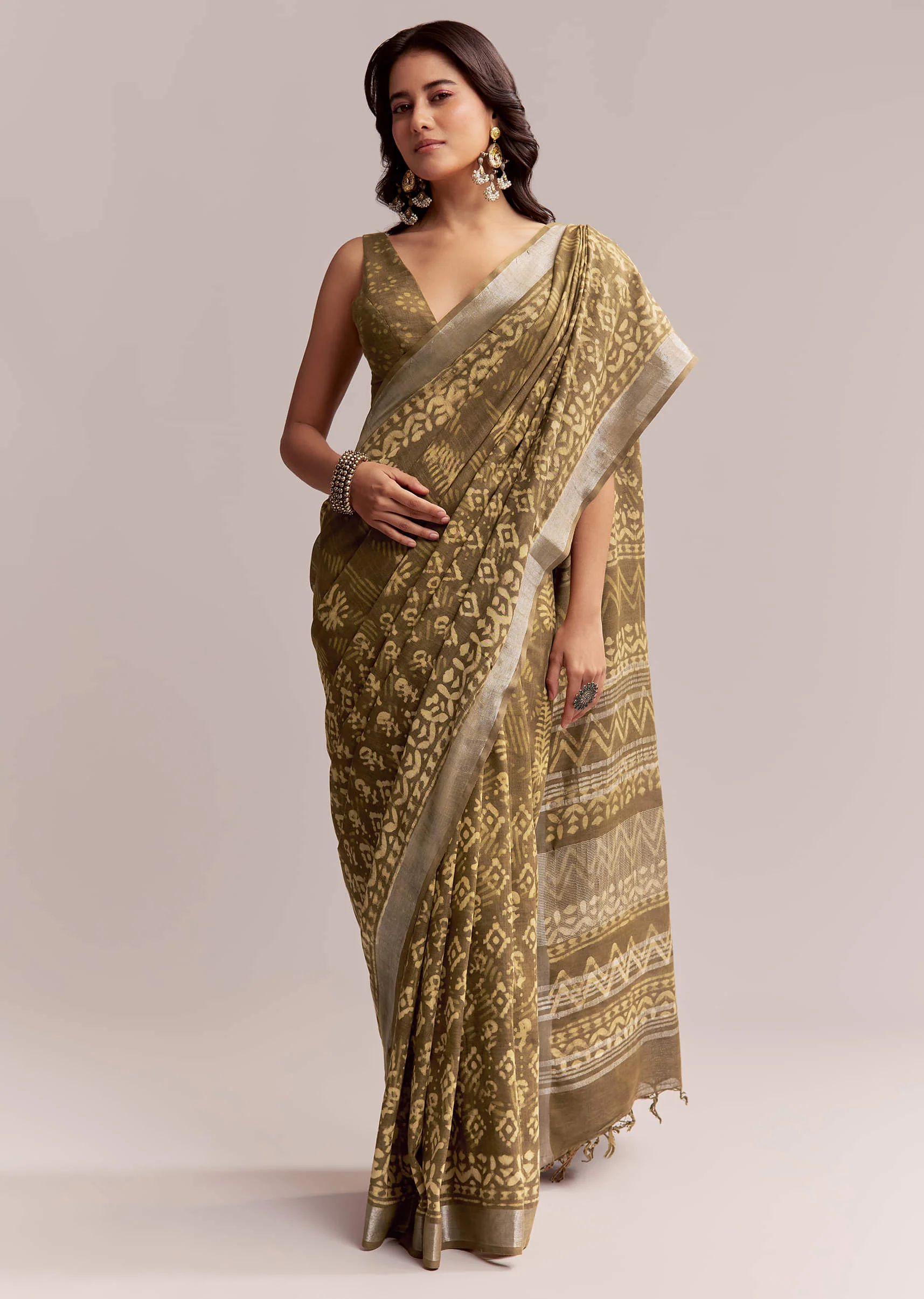 16876-olive-green-linen-printed-saree-with-heritage-ajrakh-geometric-print-1.webp Olive Green Linen Printed Saree With Heritage Ajrakh Geometric Print