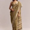 Olive Green Linen Printed Saree With Heritage Ajrakh Geometric Print