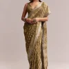Olive Green Linen Printed Saree With Heritage Ajrakh Geometric Print