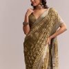 Olive Green Linen Printed Saree With Heritage Ajrakh Geometric Print